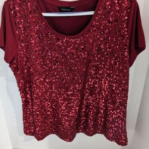 Red pullover women's top embellished with red metallic sequins petite large